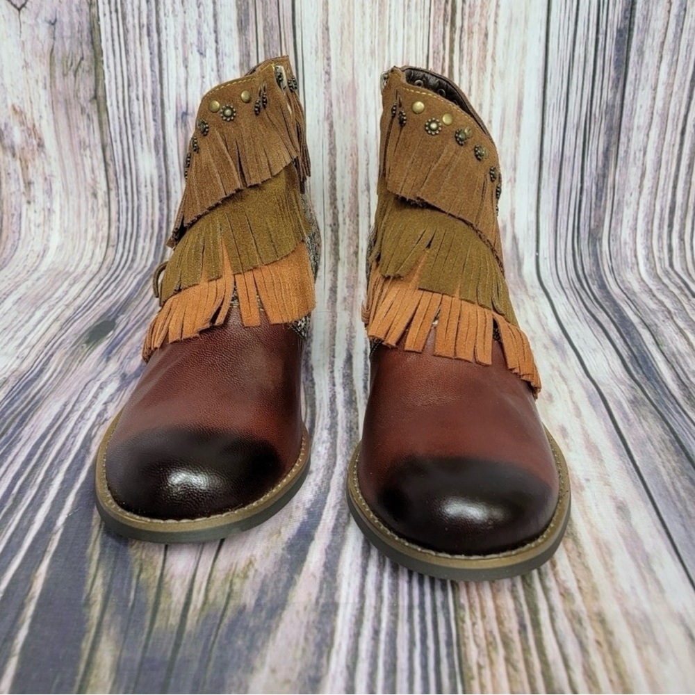 NIB Soffia Brown Tapestry Accent Triple Fringe Leather Boots - Sz 40 (US 9) - Picture 3 of 9